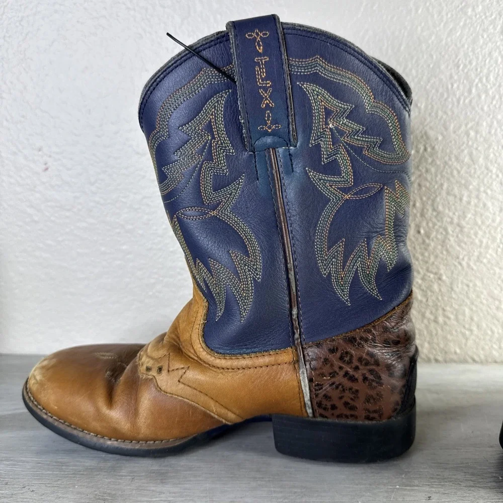 Tony Lama Mid Calf Brown/Navy  Embroidered TLX Western Cowboy Kids 1.5